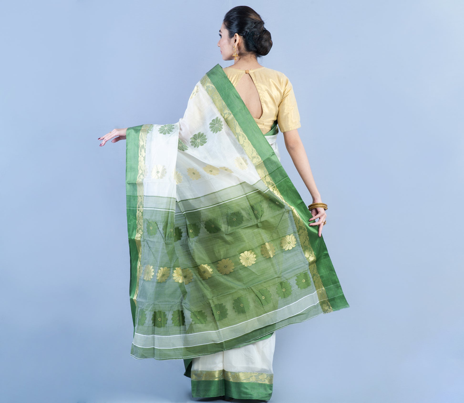 Handloom Saree With Zari Work - White & Olive Green - ArtisanSoul