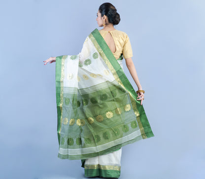 Handloom Saree With Zari Work - White & Olive Green - ArtisanSoul