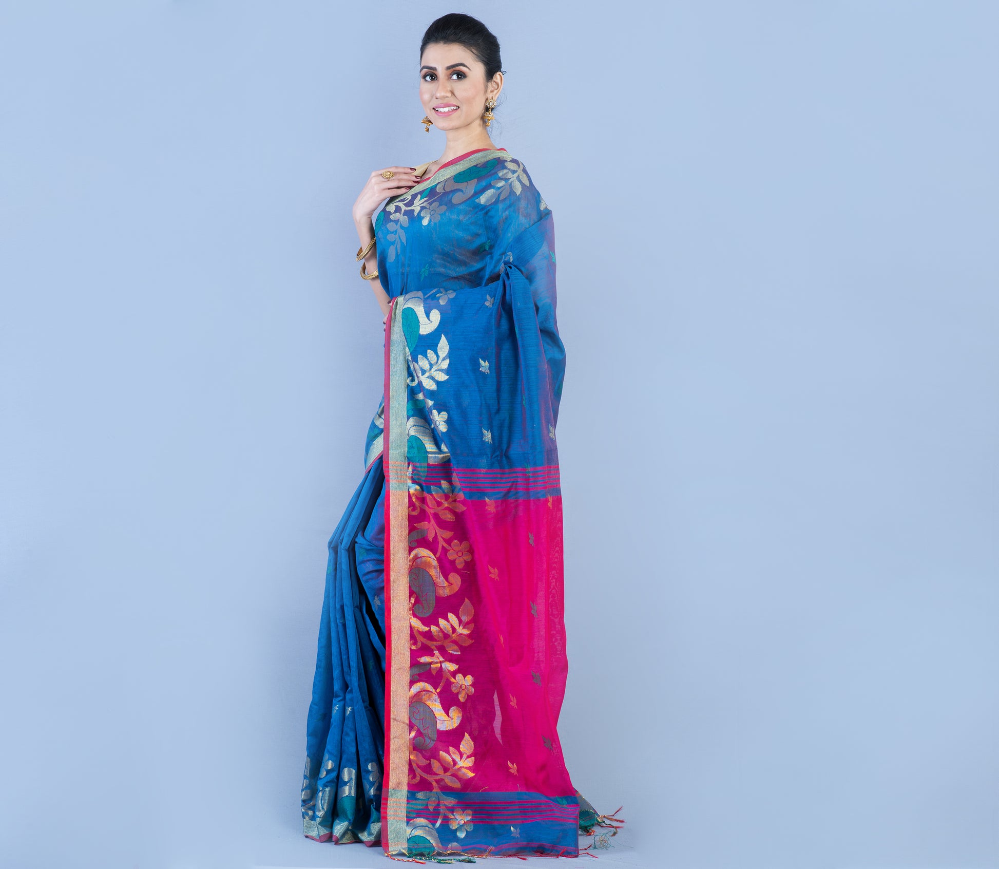 HANDLOOM SAREE WITH WORK ALL OVER THE SAREE - BLUE AND PINK - ArtisanSoul