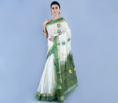 Handloom Saree With Zari Work - White & Olive Green - ArtisanSoul