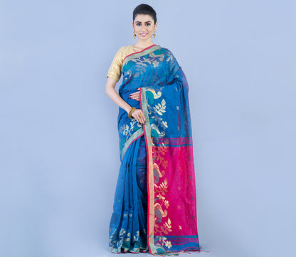 HANDLOOM SAREE WITH WORK ALL OVER THE SAREE - BLUE AND PINK - ArtisanSoul