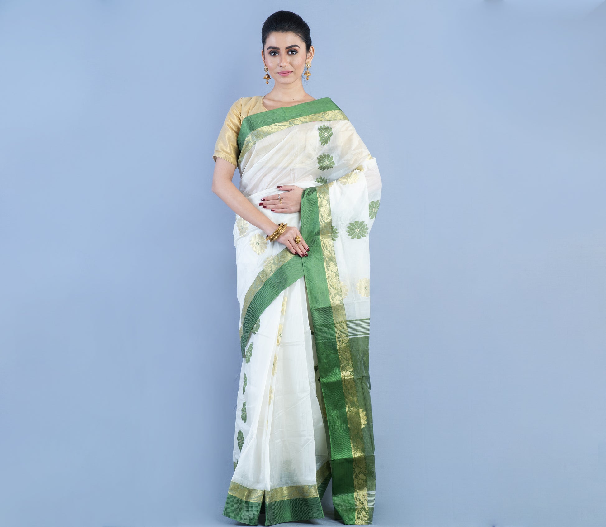 Handloom Saree With Zari Work - White & Olive Green - ArtisanSoul