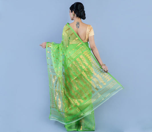 Handloom Muslin Silk Saree - Green with Zari Work - ArtisanSoul