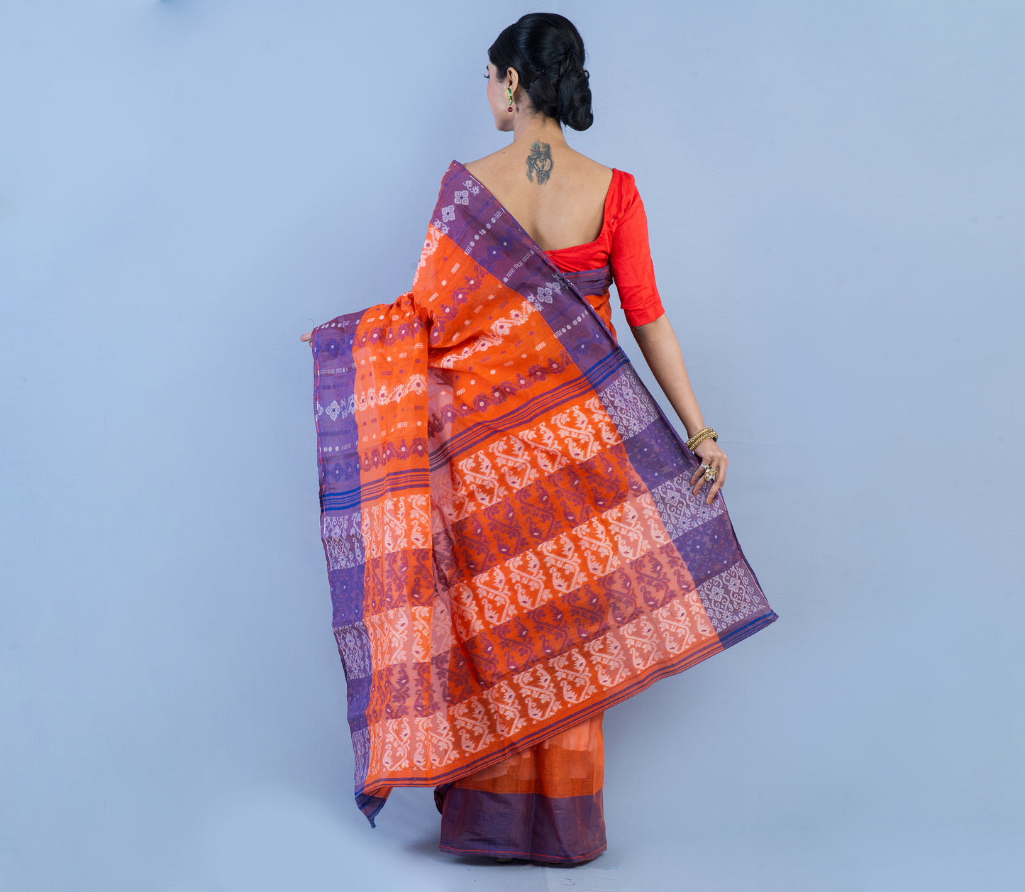 Handloom Jamdani Saree - Orange With Blue Par - ArtisanSoul
