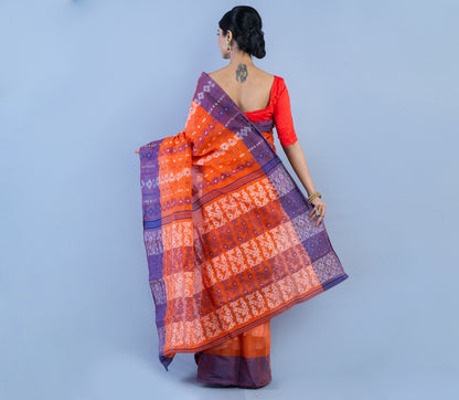 Handloom Jamdani Saree - Orange With Blue Par - ArtisanSoul