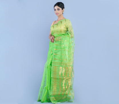 Handloom Muslin Silk Saree - Green with Zari Work - ArtisanSoul