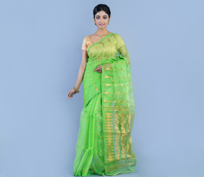 Handloom Muslin Silk Saree - Green with Zari Work - ArtisanSoul