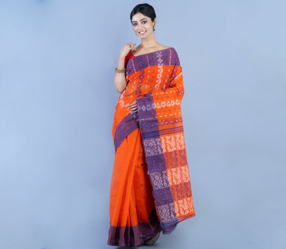 Handloom Jamdani Saree - Orange With Blue Par - ArtisanSoul