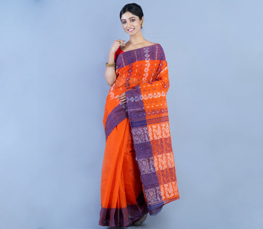 Handloom Jamdani Saree - Orange With Blue Par - ArtisanSoul