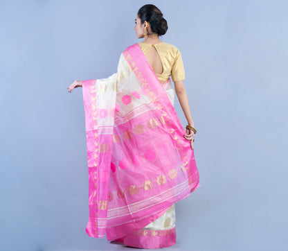 Handloom Saree - White & Pink - ArtisanSoul