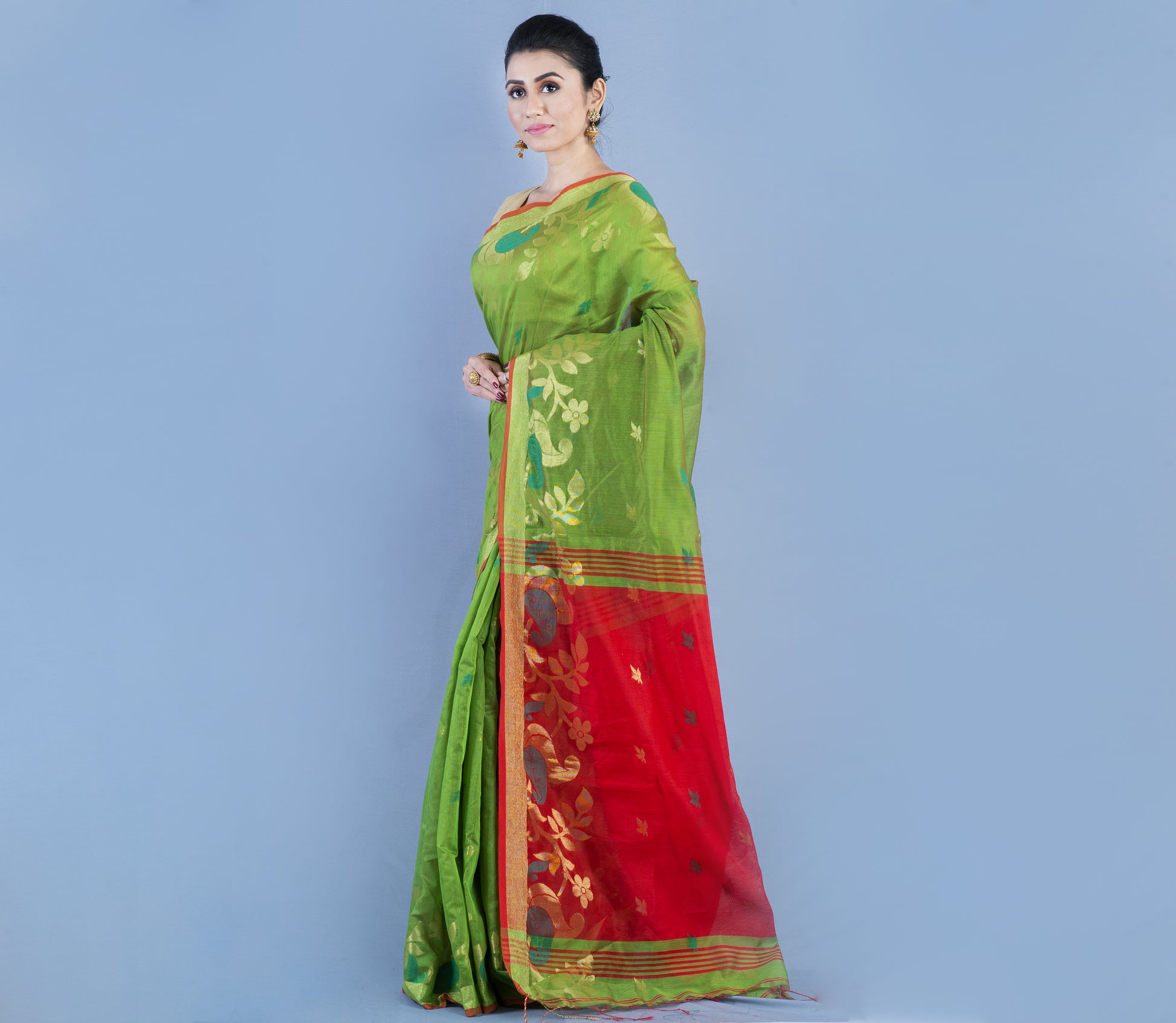 HANDLOOM SAREE WITH WORK ALL OVER THE SAREE - GREEN AND RED - ArtisanSoul