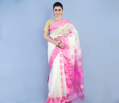 Handloom Saree - White & Pink - ArtisanSoul