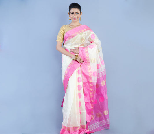Handloom Saree - White & Pink - ArtisanSoul