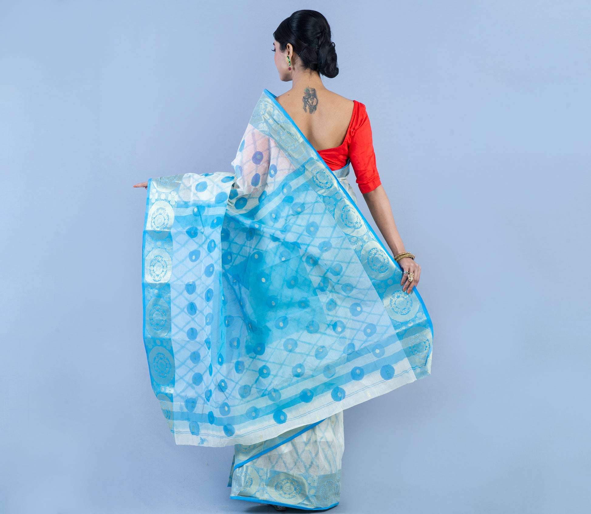 Handloom Tant Saree With Work - White & Sky Blue - ArtisanSoul