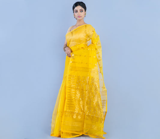 Handloom Muslin Silk Saree - Yellow With Golden Zari - ArtisanSoul