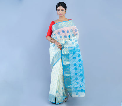 Handloom Tant Saree With Work - White & Sky Blue - ArtisanSoul