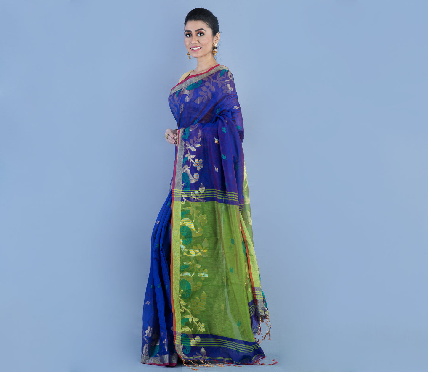 HANDLOOM SAREE WITH WORK ALL OVER THE SAREE - BLUE AND GREEN - ArtisanSoul