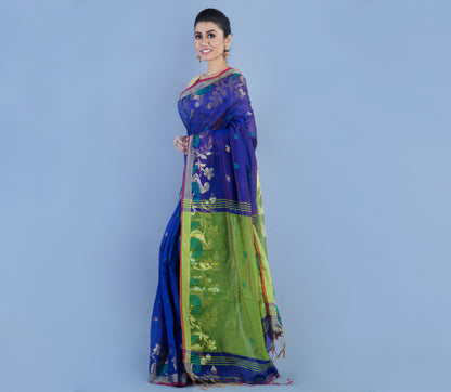 HANDLOOM SAREE WITH WORK ALL OVER THE SAREE - BLUE AND GREEN - ArtisanSoul