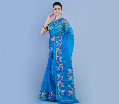Handloom Muslin Silk Saree With Leaf Design - Sky Blue - ArtisanSoul