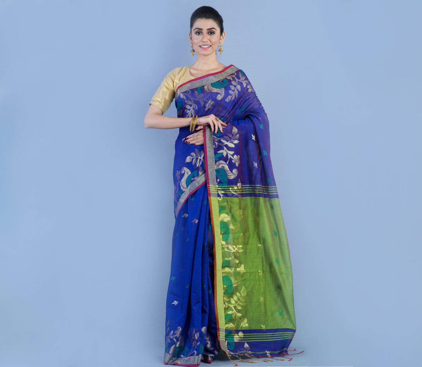 HANDLOOM SAREE WITH WORK ALL OVER THE SAREE - BLUE AND GREEN - ArtisanSoul
