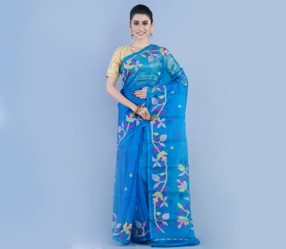 Handloom Muslin Silk Saree With Leaf Design - Sky Blue - ArtisanSoul