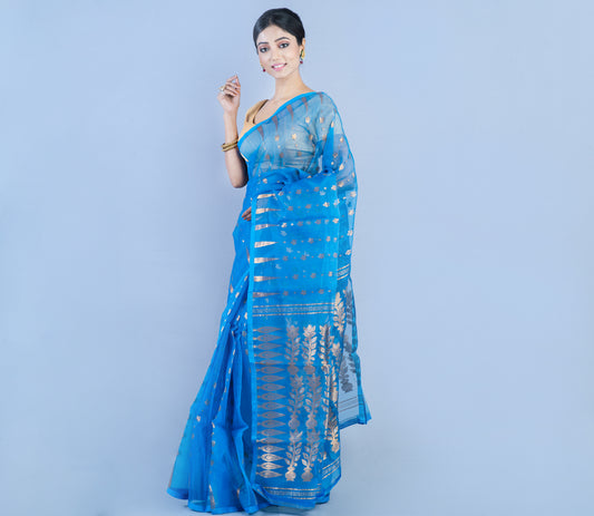 Handloom Muslin Silk Saree White Zari Work - Azure Blue - ArtisanSoul
