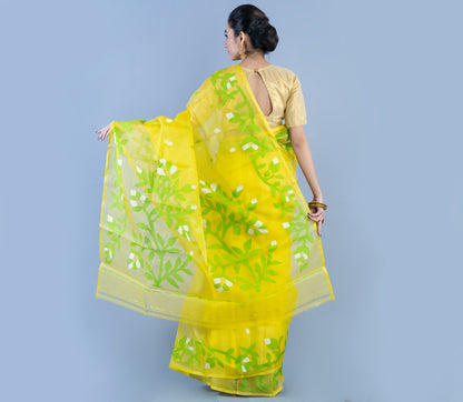 Handloom Muslin Saree - Green Leaf Design On Lemon Yellow - ArtisanSoul