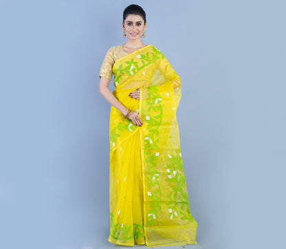 Handloom Muslin Saree - Green Leaf Design On Lemon Yellow - ArtisanSoul