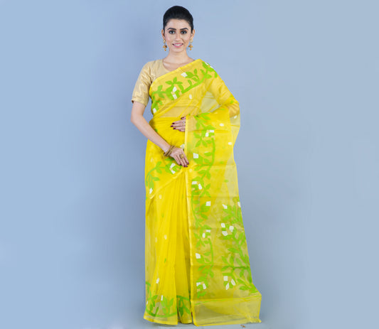 Handloom Muslin Saree - Green Leaf Design On Lemon Yellow - ArtisanSoul