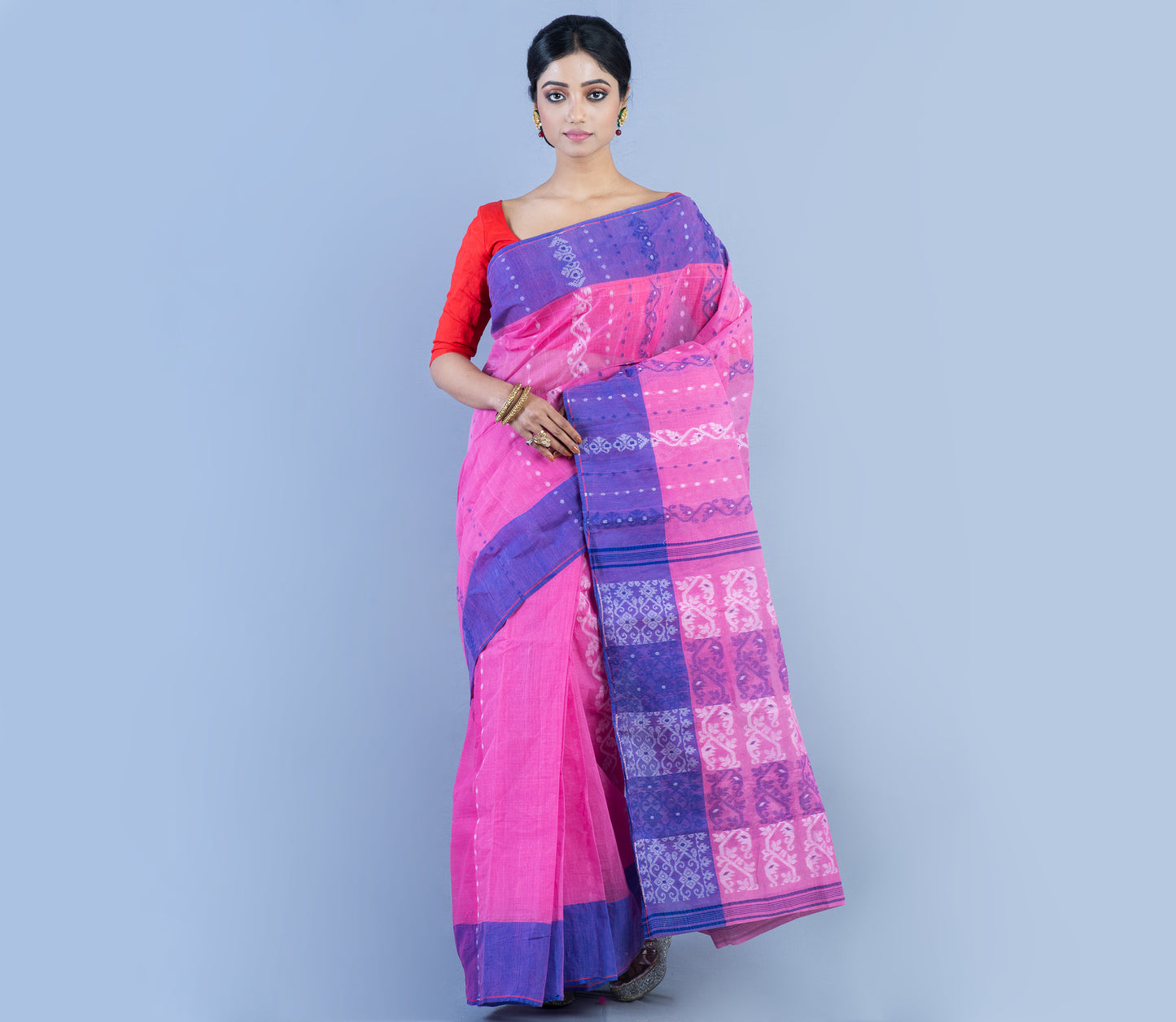 Handloom Jamdani Saree - Blue & White On Pinlk - ArtisanSoul