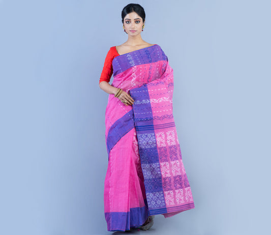 Handloom Jamdani Saree - Blue & White On Pinlk - ArtisanSoul
