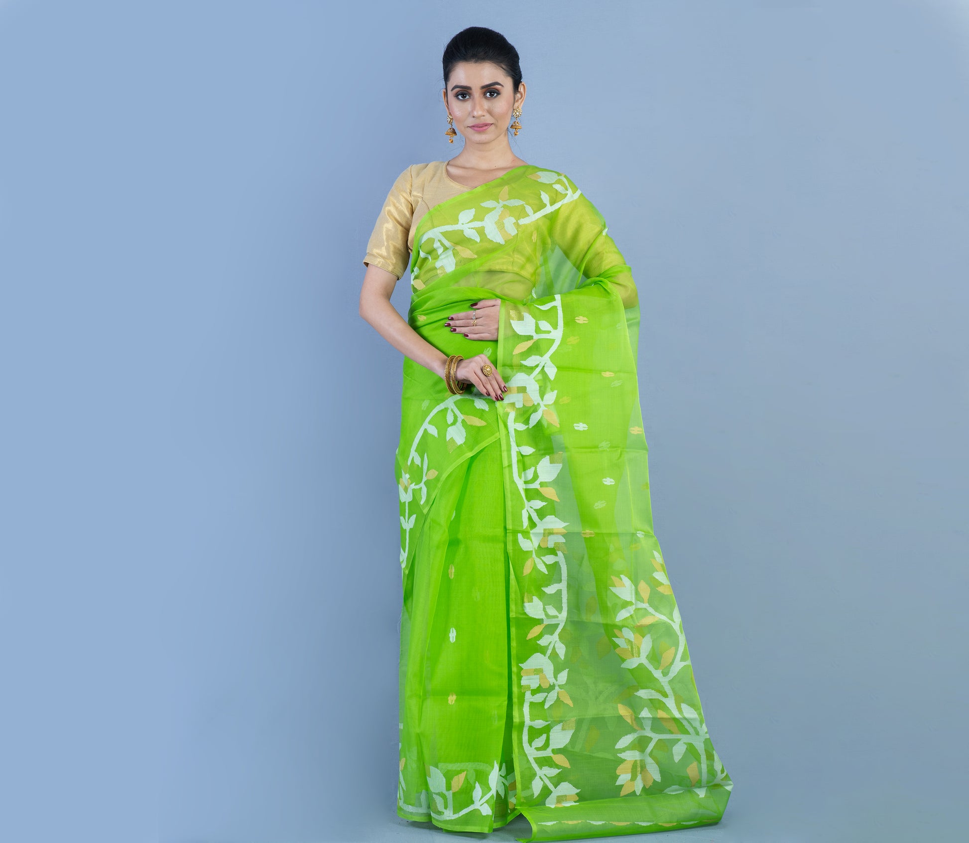 Handloom Muslin Saree - White Zari Work on Light Green - ArtisanSoul