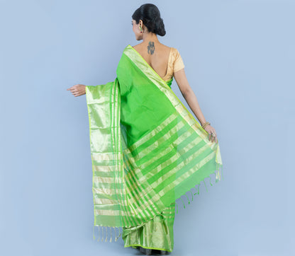 Handloom Tant Saree - Golden Zari on Green - ArtisanSoul