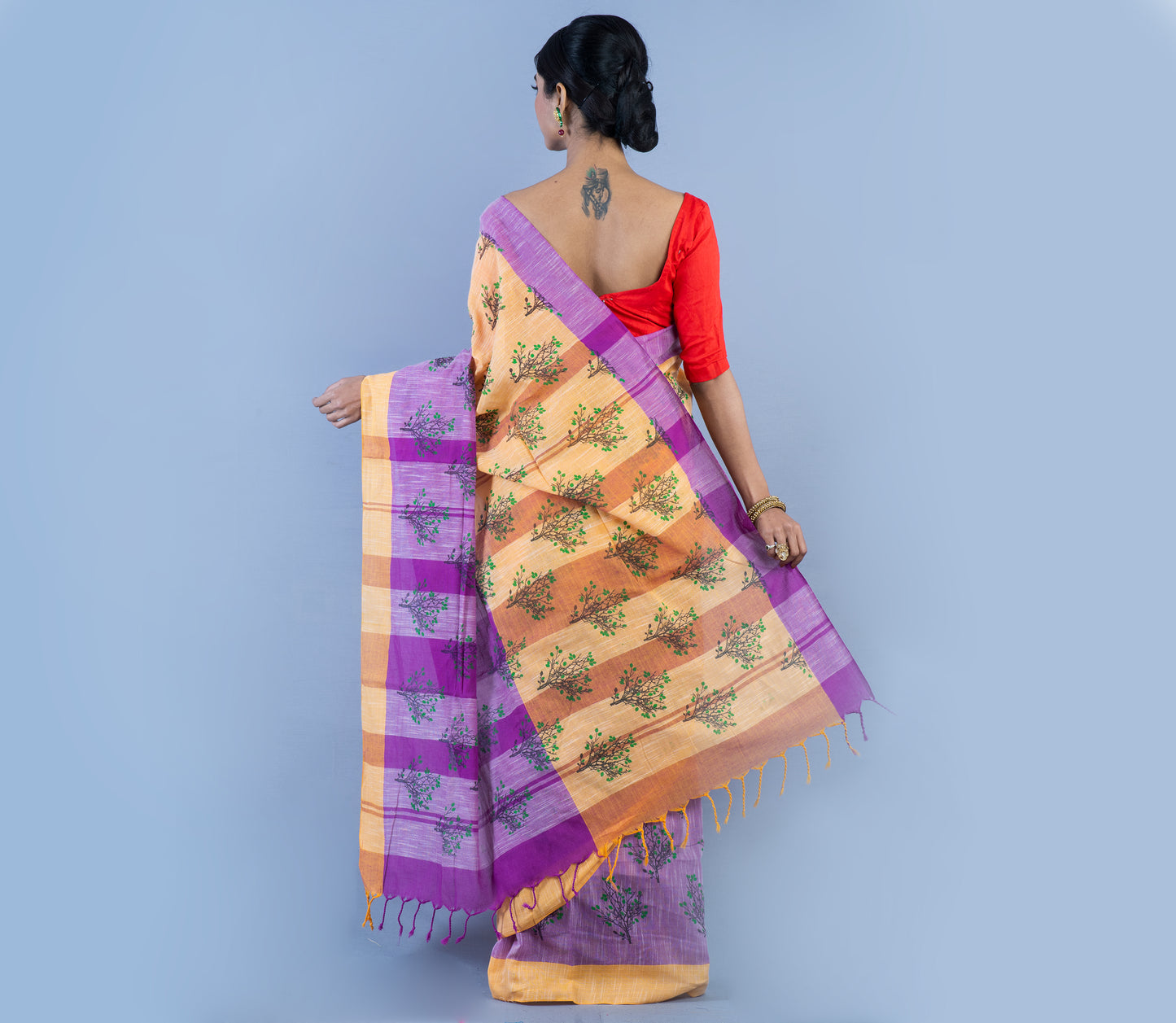 Handloom Cotton Printed Saree - Purple & light Brown - ArtisanSoul