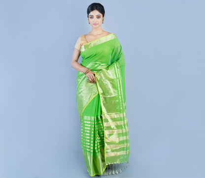 Handloom Tant Saree - Golden Zari on Green - ArtisanSoul