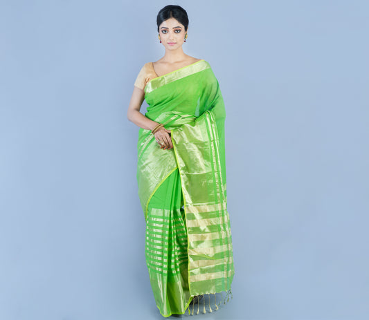 Handloom Tant Saree - Golden Zari on Green - ArtisanSoul