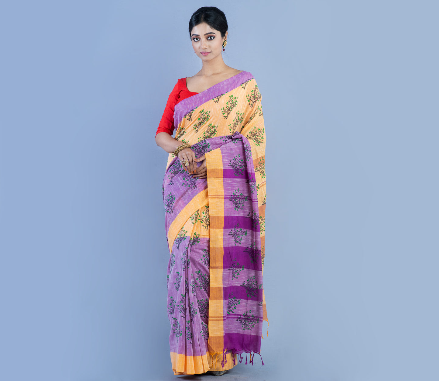Handloom Cotton Printed Saree - Purple & light Brown - ArtisanSoul