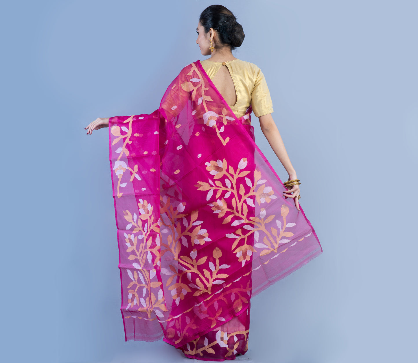 Handloom Muslin Silk Saree - Dark Pink with Leaf Design - ArtisanSoul