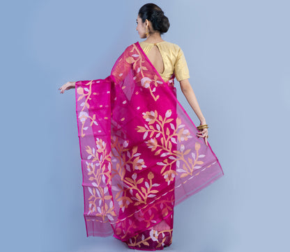 Handloom Muslin Silk Saree - Dark Pink with Leaf Design - ArtisanSoul