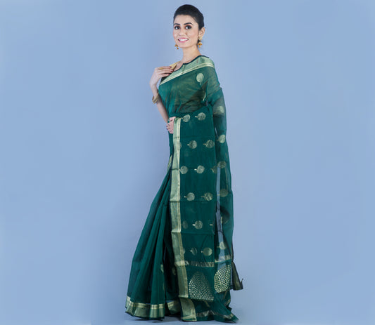 TANT SAREE WITH ZARI WORK - BOTTLE GREEN - ArtisanSoul