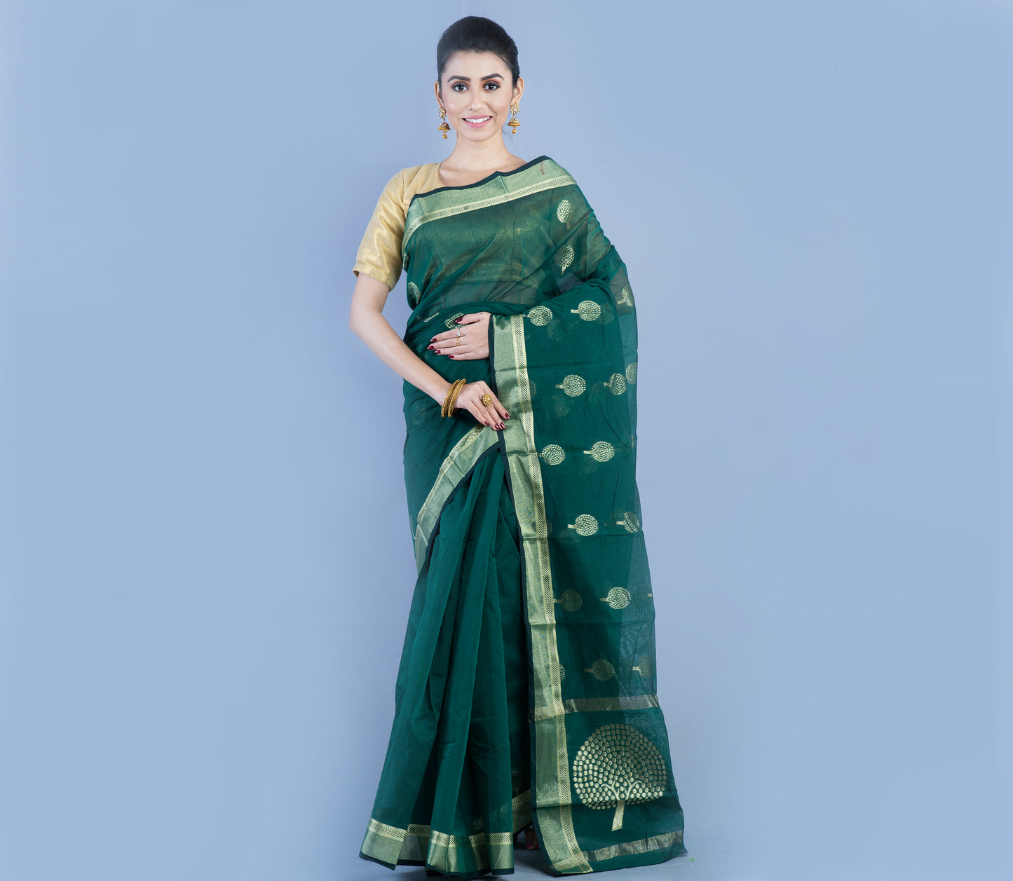 TANT SAREE WITH ZARI WORK - BOTTLE GREEN - ArtisanSoul