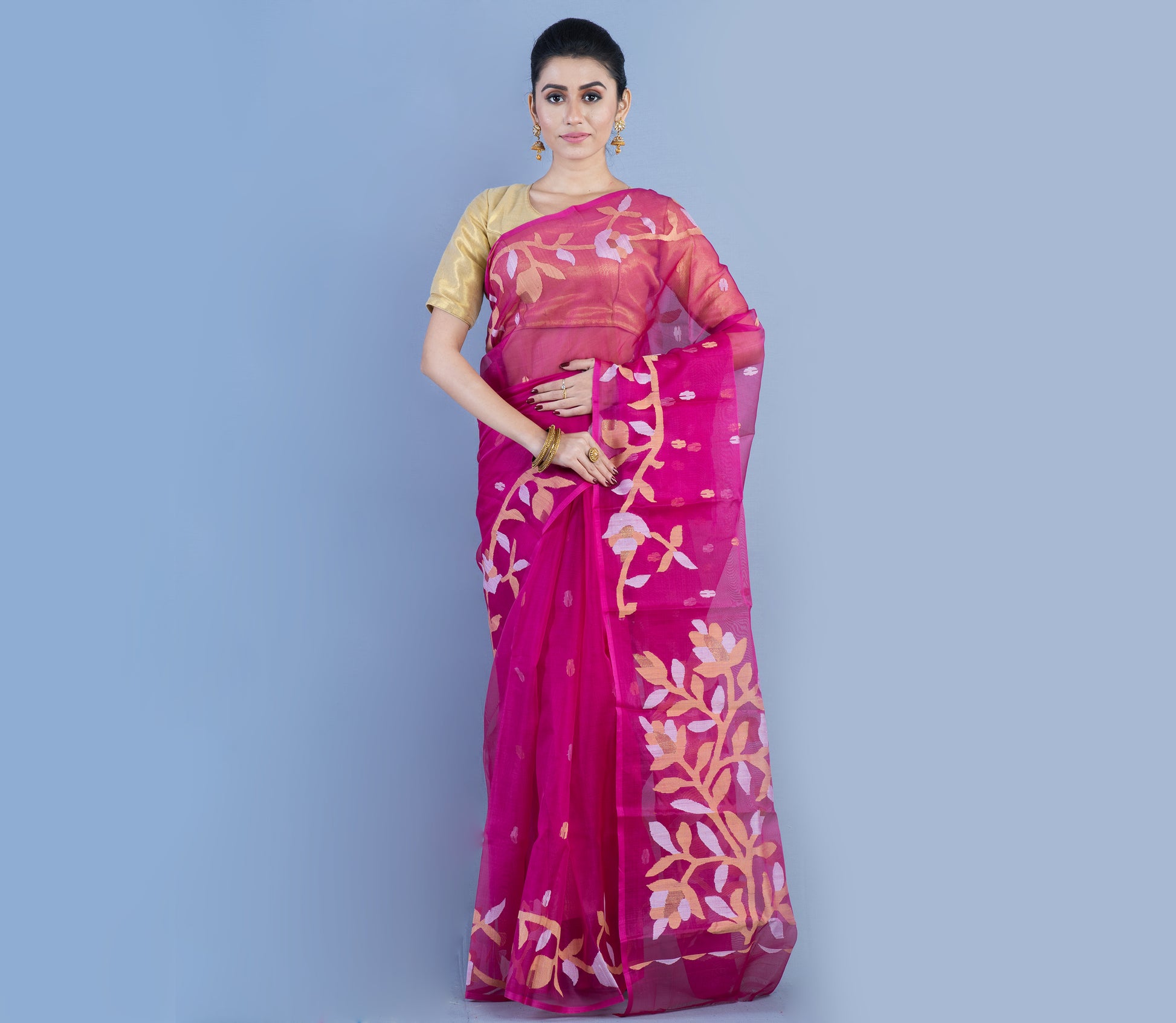 Handloom Muslin Silk Saree - Dark Pink with Leaf Design - ArtisanSoul