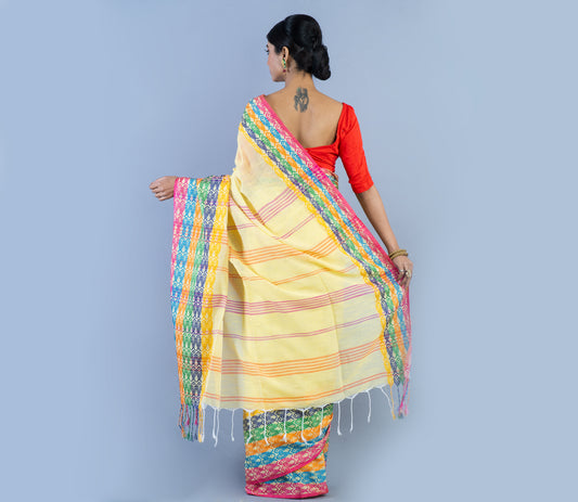 Handloom Cotton Saree - Light Yellow With Multi Color Fish Design Par - ArtisanSoul