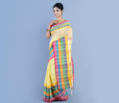 Handloom Cotton Saree - Light Yellow With Multi Color Fish Design Par - ArtisanSoul