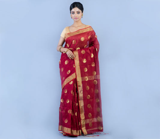 Handloom Saree With all Over Zari Work - Maroon - ArtisanSoul
