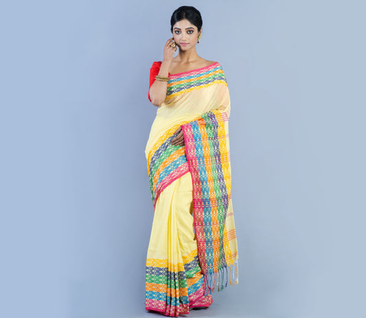 Handloom Cotton Saree - Light Yellow With Multi Color Fish Design Par - ArtisanSoul