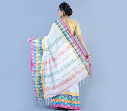 Handloom Cotton Saree - White With Multi Color Fish Design Par - ArtisanSoul