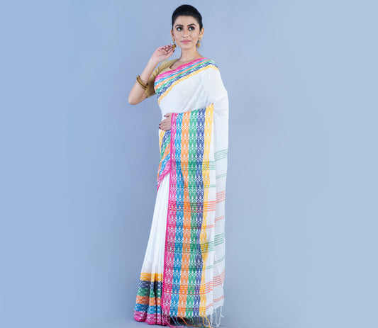 Handloom Cotton Saree - White With Multi Color Fish Design Par - ArtisanSoul