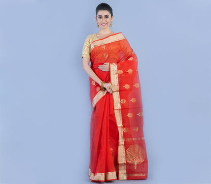 Tant Saree -Brick Red - ArtisanSoul