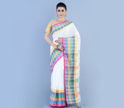 Handloom Cotton Saree - White With Multi Color Fish Design Par - ArtisanSoul